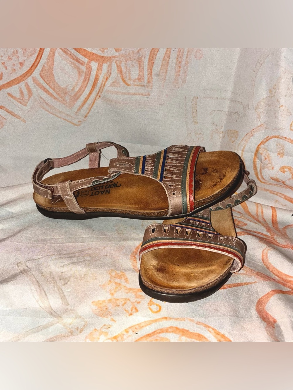 Naot Tan Leather Sandals with Multicolor Stripes